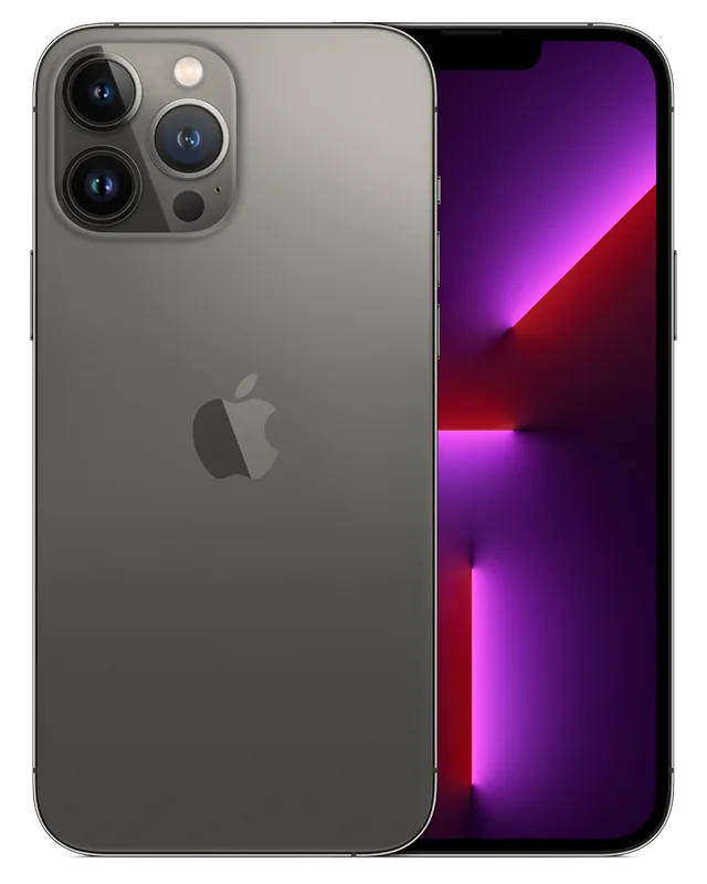 iPhone 13 Pro Max seminovo na cor grafite, visto de trás e de frente