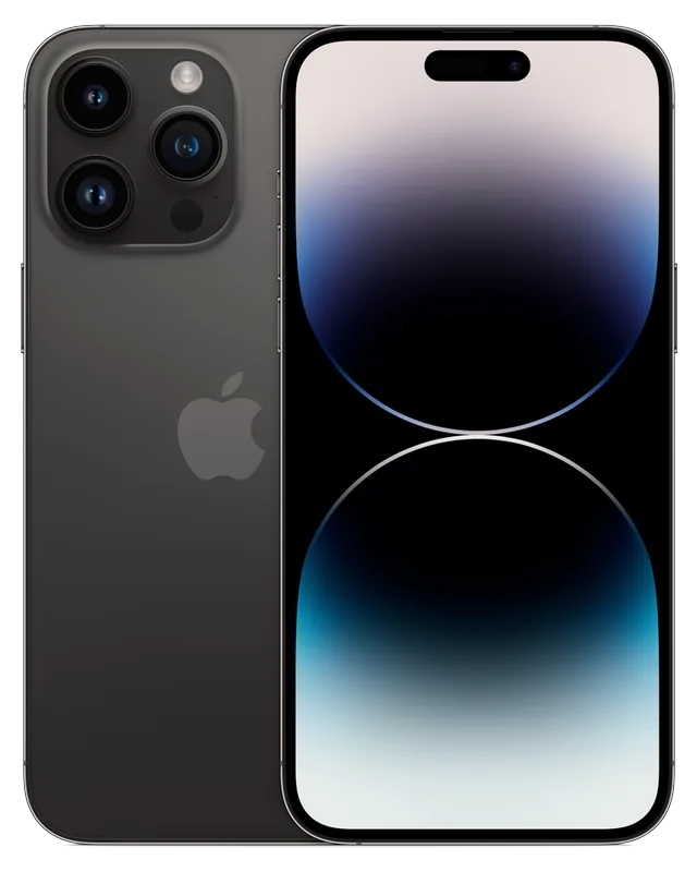 iPhone 14 Pro Max seminovo na cor preto-espacial, visto de trás e de frente