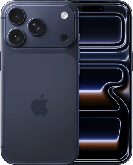 iPhone 17 Pro na cor azul-intenso, visto de trás e de frente