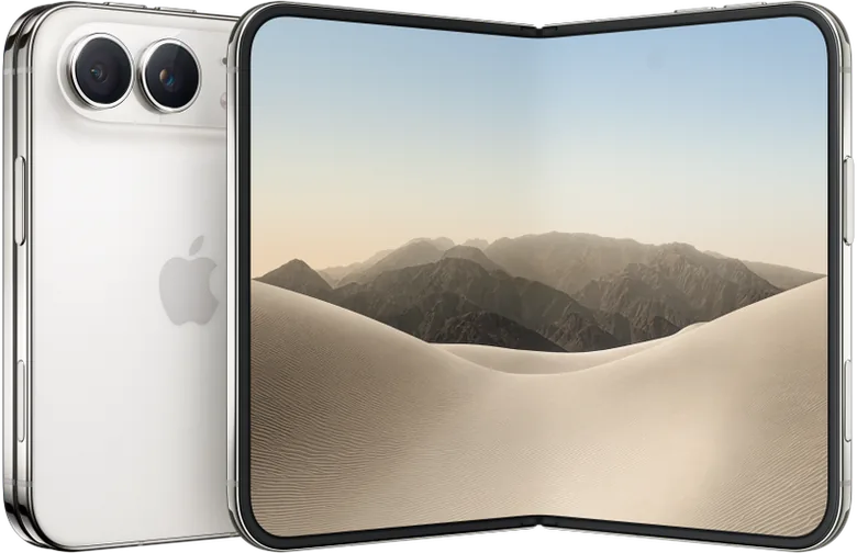 iPhone Duo na cor branco-estrela, aberto, com a parte de trás e a tela interna à mostra